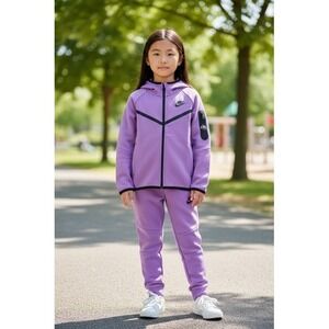 Nike Tech Fleece Kids Tracksuit Set Purple Hoodie and Joggers Full Zip (2Y)